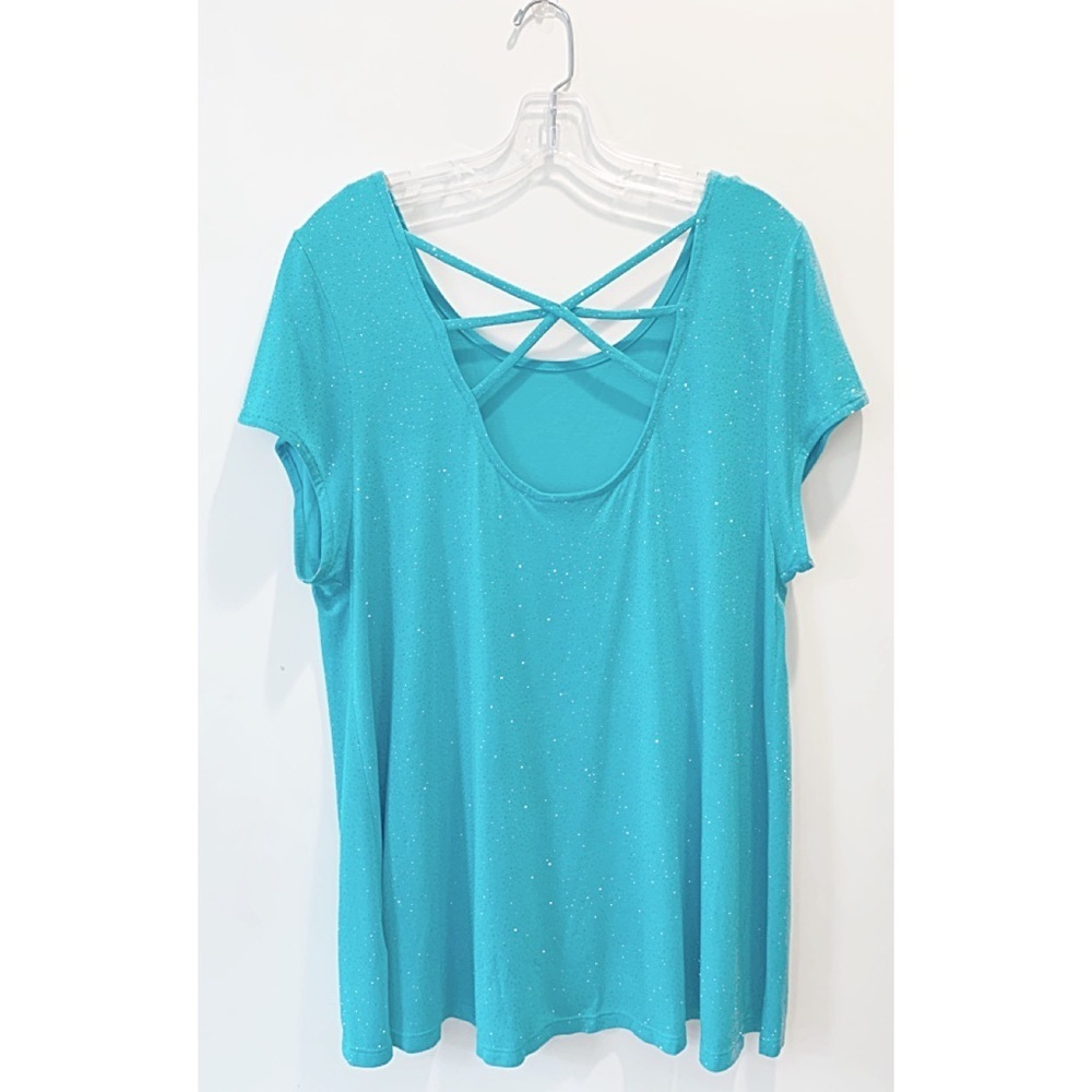 JENNIFER LOPEZ Sz XL Aqua Sparkle Strappy Short Sleeve Top